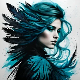 image of a girl, in the style of gossamer fabrics, liquid emulsion printing, dark cyan and dark black, trompe-l'œil illusionistic detail, wetcore, norwegian nature, fine feather and hair details