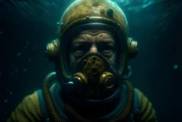 making funny face at the day of a nightmare ten miles high and six foot deep inside the deep sea diving helmet swims a fish, hyper photorealistic, hyper detailed realistic art color, high resolution, fog, octane render, tilt shift, HDRI Environment