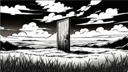 broken wooden door, anime, monochrome, black background, ink, simple, maximum quality, broken hinge, barely functioning, centered on frame, far view, in the middle of a grassy hill, white sky with cumulonimbus