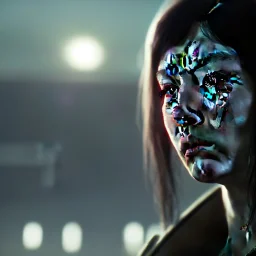 a moody close-up shot of an attractive woman quietly crying in a cyberpunk city