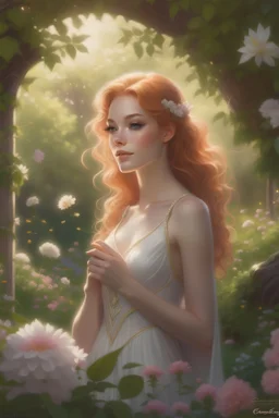 In a tranquil afternoon, a young elven maiden with softly curled, rosy-pink hair adorns herself in a white lace tank dress, bringing an ethereal presence to the garden. Her hair, resembling a cascade of golden notes in the sunlight, harmonizes with the lace dress. Surrounded by a cluster of blossoms, she graces the garden like a living melody within a symphony of colors. The lush greenery and dancing grass complete this enchanting scene, displaying impeccable anatomy and creating a masterpiece.