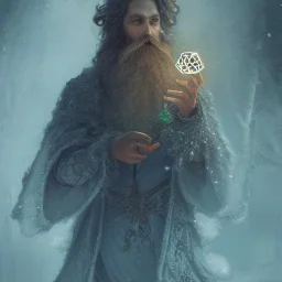 Insanely detailed photograph of an “D&D cleric holding glowing D20” with intricate detailed beard, intricate embroidered clothing, hyperdetailed painting by Ismail Inceoglu Huang Guangjian and Dan Witz CGSociety ZBrush Central fantasy art album cover art,8K, hdr, mysterious, ominous, snowflakes,jolly