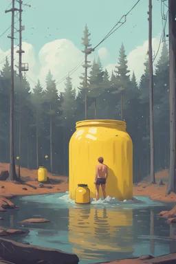 a picture of a guy bathing in a big yellow jar, he is in a adventure park with his girlfriend, art style simon stålenhag
