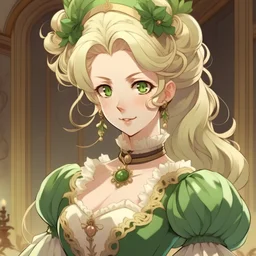 Queen, green eyes, blonde hair in a fancy bun, anime style, age 40, 1700s, rococo outfit, front facing,
