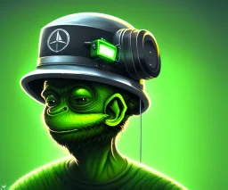 equipment hat, goblin welder, head clamp, clamp screw, stuck on head, illustration, green skin