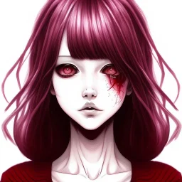 weird face cute girl Junji Ito style, darkred tones,