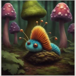 Fuzzy cute psychedelic caterpillar sitting on a forest floor mushroom, hyper realistic. psychedelic, baroque, photorealistic