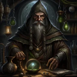 A hardened celtic industrial era mage alchemist grimdark realistic