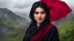 Hyper Realistic Close-Face-View-Of Beautiful Young Happy Pashto Woman With Beautiful-Black-Eyes-&-Black-Hair Wearing Black-Frock & Black-Shawl-With-Maroon-Lace Carrying An Red Umbrella On Mountain-Top With Greenery & Breathtaking Cloudy-Rainy-Weather Showing Dramatic & Cinematic Ambiance.