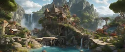 An outdoor surrealist market in a beautiful surreal outdoor countryside summer scene with hills, intricate dwellings, weird creatures, many pathways & stairways, waterfalls, & a waterwheel : in the style of Salvador Dali & Hieronymus Bosch, very high detail, photorealistic, epic cinematic, 8K, Large depth of field