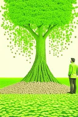 small man looking at big tree full of cash notes