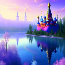 one small Russian crystal subtle castle blue and pink in a galactic ambiance , blue lake, delicate colors, bin the foreground, full of details, smooth，soft light atmosphere, light effect，vaporwave colorful, concept art, smooth, extremely sharp, masterpiece, best quality, blue skinned, sparkling,8k, , sun light, 8K, RAW, depth of field,high contrast,