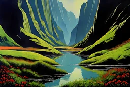 Mountains, weeds, logan's run 1976 movie influence, cosmic, people, rocks, river, very epic and philosophic, otto pippel impressionism paintings