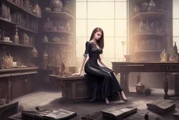 full-height shot of a young witch in a tight black skirt, inside a large magic shop, sitting at a desk, shelving, bottles, windows