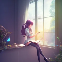 Anime girl studying in room, perfect face, window, nature, anime style, unreal engine 5, studio lighting --ar 2:1