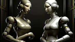 Surrealism.. Create an image featuring two humanoid robots holding hands. One robot should have a shiny light gray finish, while the other should have an opaque dark gray appearance. Both robots have their heads slightly tilted downwards, giving a mechanical and somewhat contemplative look. The setting is minimalistic, focusing on the contrast between the robots' finishes and their human-like connection. Contemporary art.