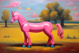 Big pink plastic toy horse.19th painting