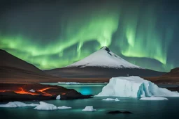 landscape from Iceland, with a mountain with a volcano on Fire, 2 Icebergs, northern lights, a big Waterfall and the sea with a big cruise boat