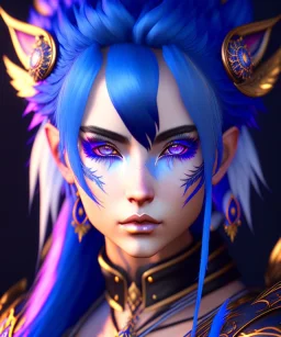 miqo'te character, wild blue hair, ominous, facepaint, waist up portrait, intricate, oil on canvas, masterpiece, expert, insanely detailed, 4k resolution, retroanime style, cute big circular reflective eyes, cinematic smooth, intricate detail, soft smooth lighting, soft pastel colors, painted Renaissance style