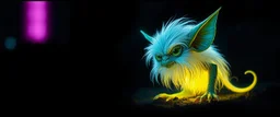 pen outline with some neon airbrush, glowing quickling gremlin in the shadows with long fluffy white fur, pin hole camera, glowing gritty border