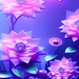 very beautiful crystal flowers , elegant, cascades, atmospheric, realistic, cinematic lighting, pink blue light, 8k, galactic atmosphere, flowers