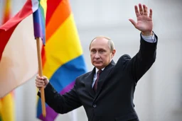 Crée une photo realiste de Vladimir poutine brandissant un drapeau lgbt