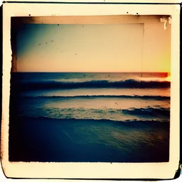 Photographic, Sea, soft waves, polaroid with damaged border, 1968, sunset, scotch tape on the border, scribblings, Coffee stain