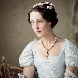 Portrait of a woman in a regency dress, french, beautiful jewelery 8k, HD, cinematography, photorealistic, Cinematic, Color Grading, Ultra-Wide Angle, Depth of Field, hyper-detailed, beautifully color-coded, insane details, intricate details, beautifully color graded, Cinematic, Color Grading, Editorial Photography, Depth of Field, DOF, Tilt Blur, White Balance, 32k, Super-Resolution, Megapixel, ProPhoto RGB, VR, Halfrear Lighting, Backlight,