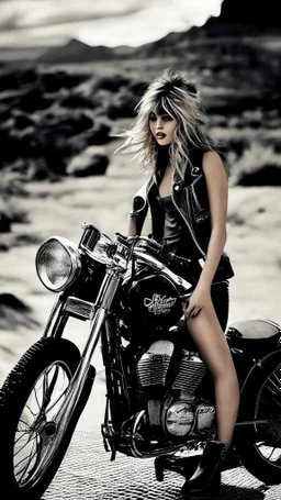 Create a visually captivating composition that blends the gritty and atmospheric motorcycle art of David Mann with the seductive and playful fashion photography of Ellen von Unwerth. Imagine a scene set in a rugged and atmospheric environment, inspired by Mann's iconic motorcycle artwork. Incorporate elements such as vintage motorcycles, worn-out buildings, or dusty landscapes to capture the gritty and adventurous spirit of Mann's work. Within this setting, introduce a subject with a touch of