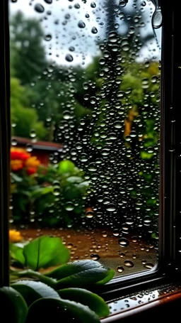 lluvia a travez de una ventana, vista a un jardin con algunas gotas en el vidrio, mezclada con la imagen que proporcioné