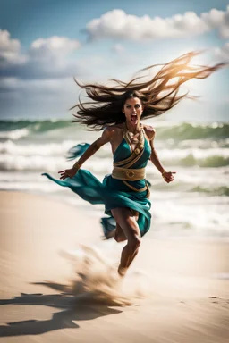 Priestess running on beach with wind