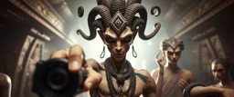 nephilim ai meat grinder camera meetup selfie smart transcendent innocent little humanoid persian entity shiva dhalsim with big serpent hairdo pointing at camera