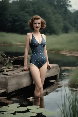 [vintage] A woman in swimsuit around a pond