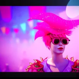 Ultra Realistic photo, medium shot view, drunken dancer women, carnival scene, steampunk. Pink hair, confeti, Sunglasses, smoking, happy, festival, red fog. highly detailed, concept art, unreal engine 5, ray tracing, RTX, lumen lighting, ultra detail, volumetric lighting, 3d, finely drawn, high definition, high resolution.