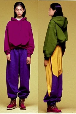 year 1998 women fashion. Loose, baggy, low waist Combat pants, t-shirt, new kind of hoodie with tippet! Colors: denim blue, blue, purple, cream, khaki, light green, lilac, plum, orange, terracotta, red, light yellow, lion yellow, pink, dark blue, beige. Lynx-pattern, Sturnus vulgaris-print. wide belt. Partly latex or leather. Kylie Minogue, Tyra Banks. leg warmer. Cargo pants and hoodie!