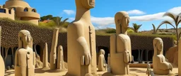 An ivory and beige oasis near a beach designed in Moai statues painted by Antoni Gaudi