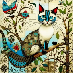 Siamese cat with blue eyes, adorned with intricate patterns and stylized buildings paints, hangs precariously from a floral-patterned board, against a mottled gray-green background. It looks directly at the viewer while a speech bubble above its head states "Good Morning". Three stylized birds in various colors and patterns stand on the branch and board above and below the cat, whimsical, expressionist painting, diswashed, Aging effects, Ogata Kōrin style.