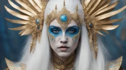 The image features a person with an elaborate makeup and costume that gives them an otherworldly appearance. They have pale skin, long white hair, and pointed ears. Their facial features are accentuated by gold and blue makeup, which includes intricate designs around their eyes and on their forehead. The individual is wearing a headdress with a spike-like design that adds to the fantastical look. They are also adorned in a costume with gold and blue elements, featuring what appears to be scales