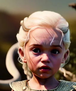 Daenerys Targaryen toddler, full body, dramatic lighting, angry, hyper realistic,