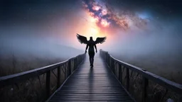 walking straight ahead over a wooden bridge, holding the angel of death with your right hand, entering the fog at the end of the road that leads to the afterlife, and a beautiful sunset and galaxy's behind the fog, realistic