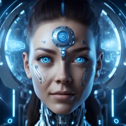 beautiful smiling cyborg face in full view, photorealism, perfect composition, cinematic frame, complex details, hyper-detailed