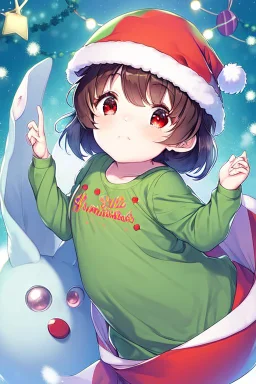 Anime style, Child girl, short brown hair, has red eyes, He has pink dots on his cheeks, wears a green shirt horizontally striped with yellow, He's in a snow-covered place, he's wearing a standard red Christmas hat,