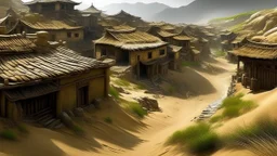 ancient, fantasy, chinese town, dune, crater, sand strom, destroyed chinese houses