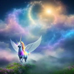  surreal illustration of a unicorn on luminous landscape, realistic, unicorn with glowing wings, glowing soft and smooth wings, shadow, highly detailed, intricate patterns on wings, soft studio lighting, smooth dark blue background 64k