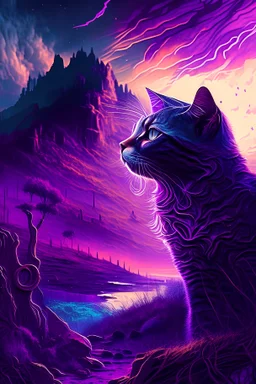 majestic cat, psychedelic, violet tones, fantasy landscape