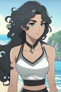 Woman with curly shoulder length black hair, vivid silver eyes, halter top, battle skirt, muscular, smirking, seaside, background, RWBY animation style