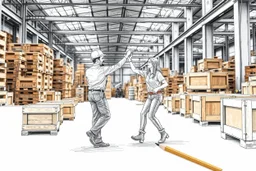 workers dancing in a industry factory with lot of wooden crates , a drawing with sketch lead pencil