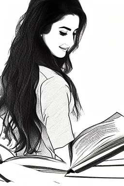 Pencil sketch of Young woman, Arab features, long wavy hair, reading a book, full body، on lined paper