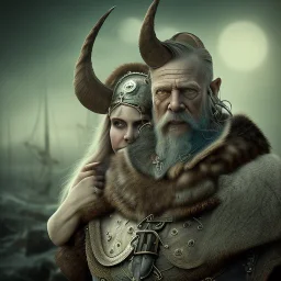 old viking with his zombie wife, scary, steam punk, realistic, made in octane, cinematic, ultra-realistic, extremely detailed octane rendering, 8K, VRAY Super Real ar 2:3, dof photorealistic futuristic 50mm lens hard lighting dark gray tintype photograph, realistic lighting, sepia color