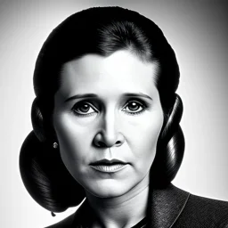 realistic analog style photography, Beautiful photorealistic close up face of carrie fisher, soft ethereal skin, symmetrical short hairstyle,studio lighting, sharp brown eyes, dark plain background